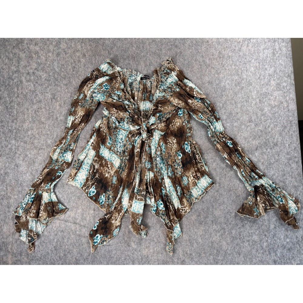 Violet & Claire Women XL Brown Teal Floral Paisley Y2K Bell Sleeve Top